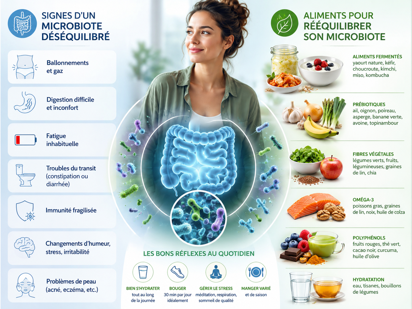 signes d'un microbiote déséquilibré et aliments pour le rééquilibrer
