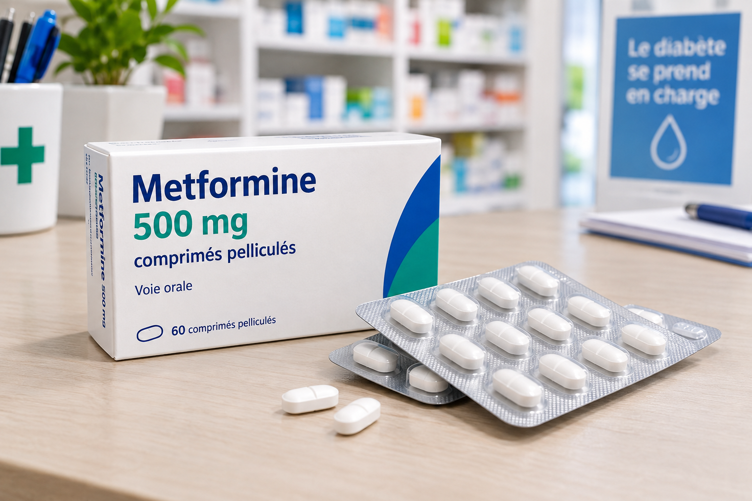 Boîte et comprimés de metformine, traitement de référence du diabète de type 2, sur un plan de travail de pharmacie