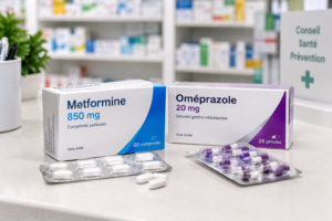 Carence B12 boîtes de metformine et d'IPP sur un comptoir de pharmacie
