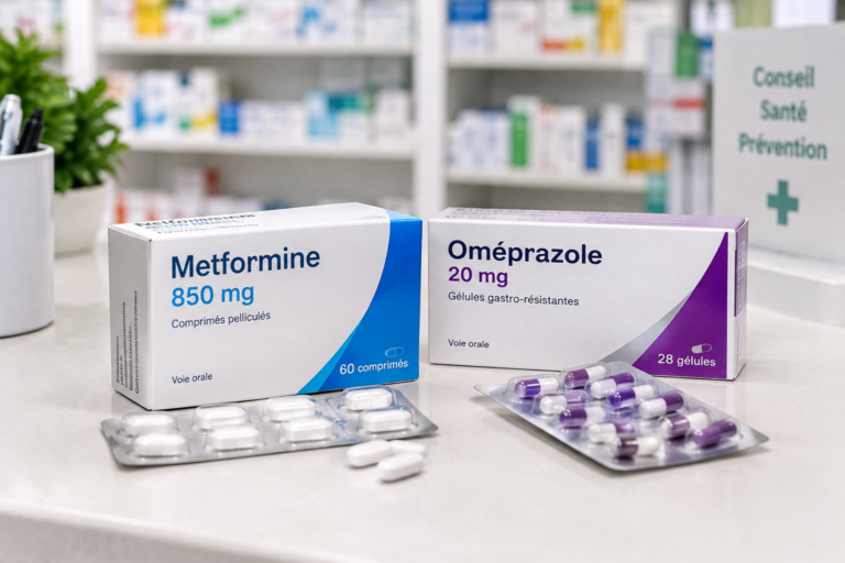 Carence B12 boîtes de metformine et d'IPP sur un comptoir de pharmacie
