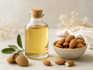Flacon d'huile d'amande douce et amandes décortiquées sur fond neutre