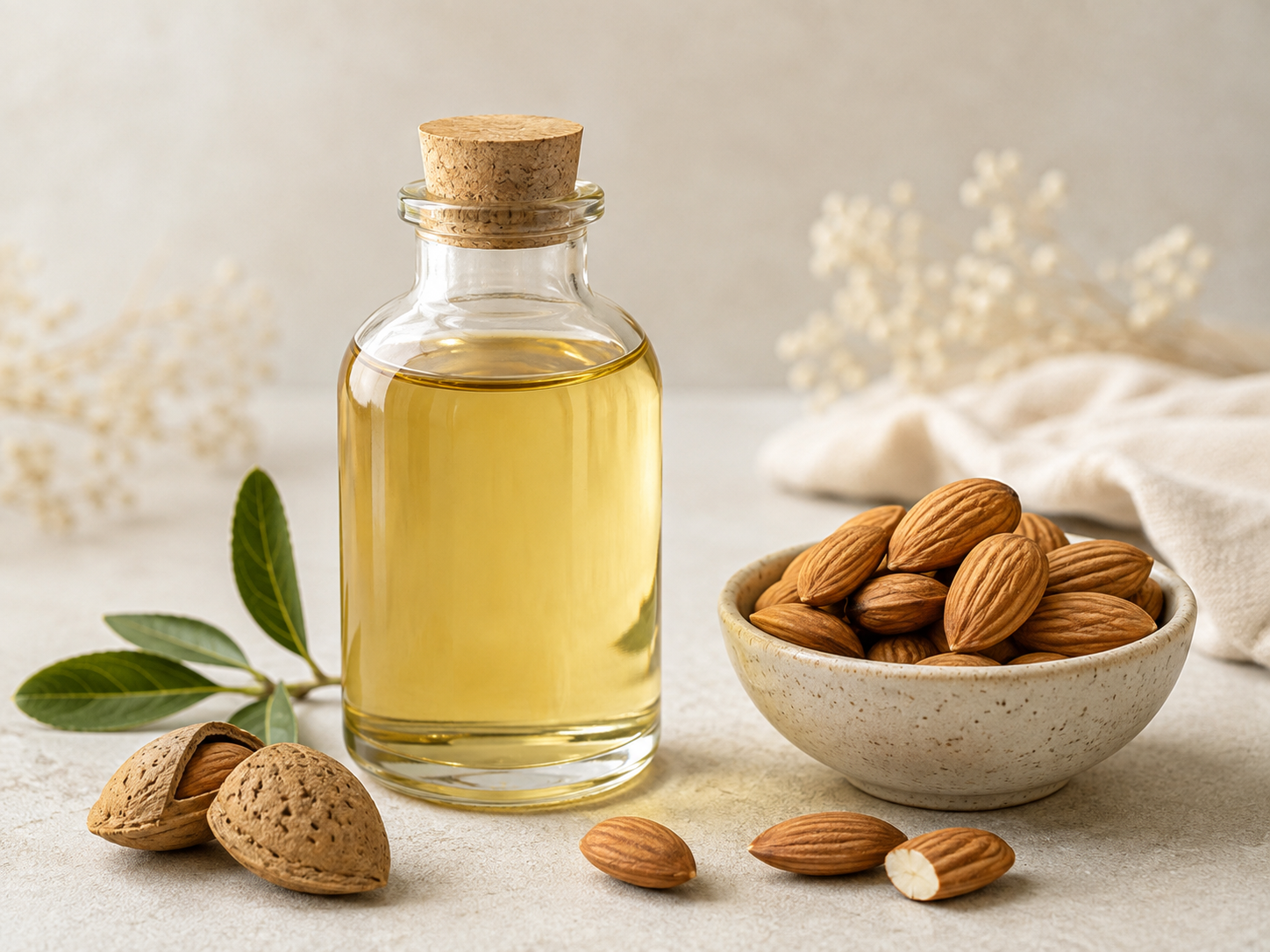 Flacon d'huile d'amande douce et amandes décortiquées sur fond neutre
