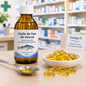 Flacon d'huile de foie de morue et cuillère à café à côté de gélules d'oméga-3 sur un comptoir de pharmacie