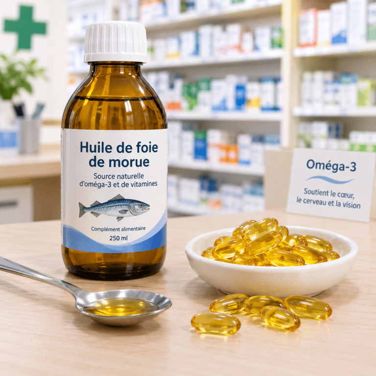 Flacon d'huile de foie de morue et cuillère à café à côté de gélules d'oméga-3 sur un comptoir de pharmacie