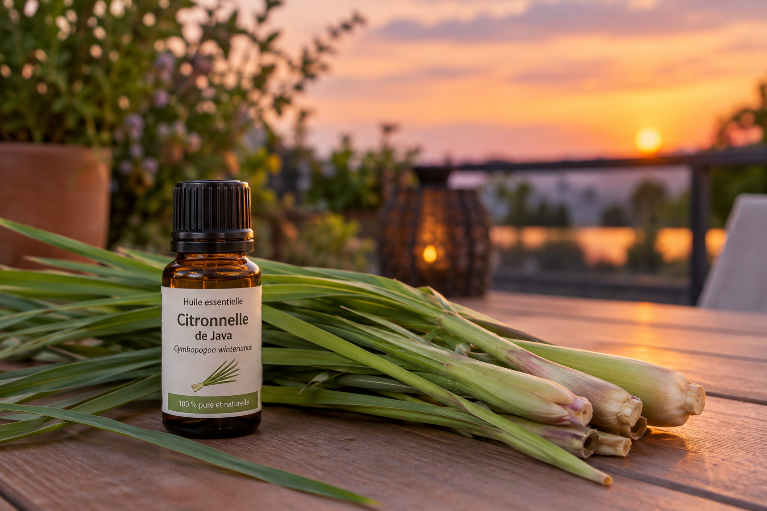 Flacon d'huile essentielle de citronnelle posé à côté de tiges de Cymbopogon, sur une terrasse au crépuscule