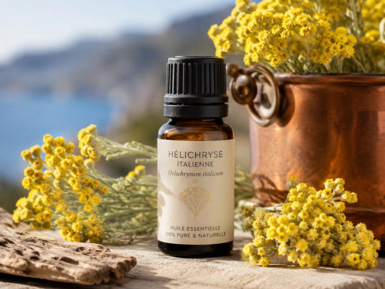 Flacon d'huile essentielle d'hélichryse italienne (Helichrysum italicum) posé près de fleurs jaunes d'immortelle de Corse