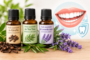 Flacons d'huiles essentielles de girofle, tea tree et lavande aspic à côté d'une illustration de bouche et de dents