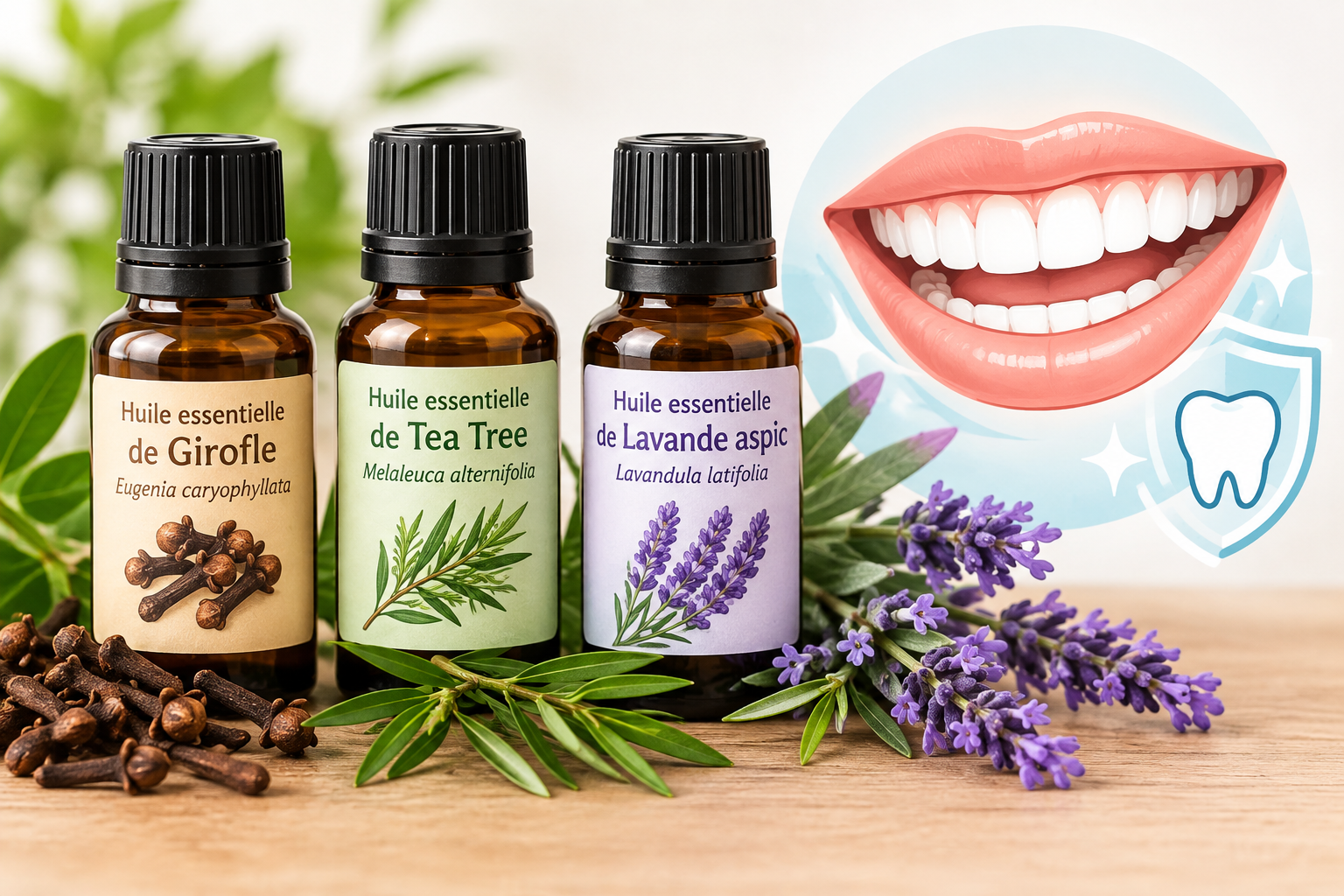 Flacons d'huiles essentielles de girofle, tea tree et lavande aspic à côté d'une illustration de bouche et de dents