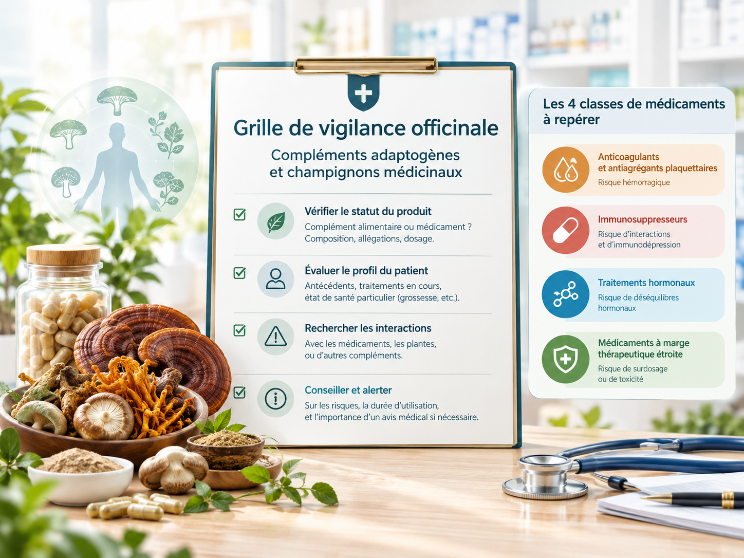 Grille de vigilance officinale pour les compléments adaptogènes et champignons médicinaux, avec les quatre classes de médicaments à repérer