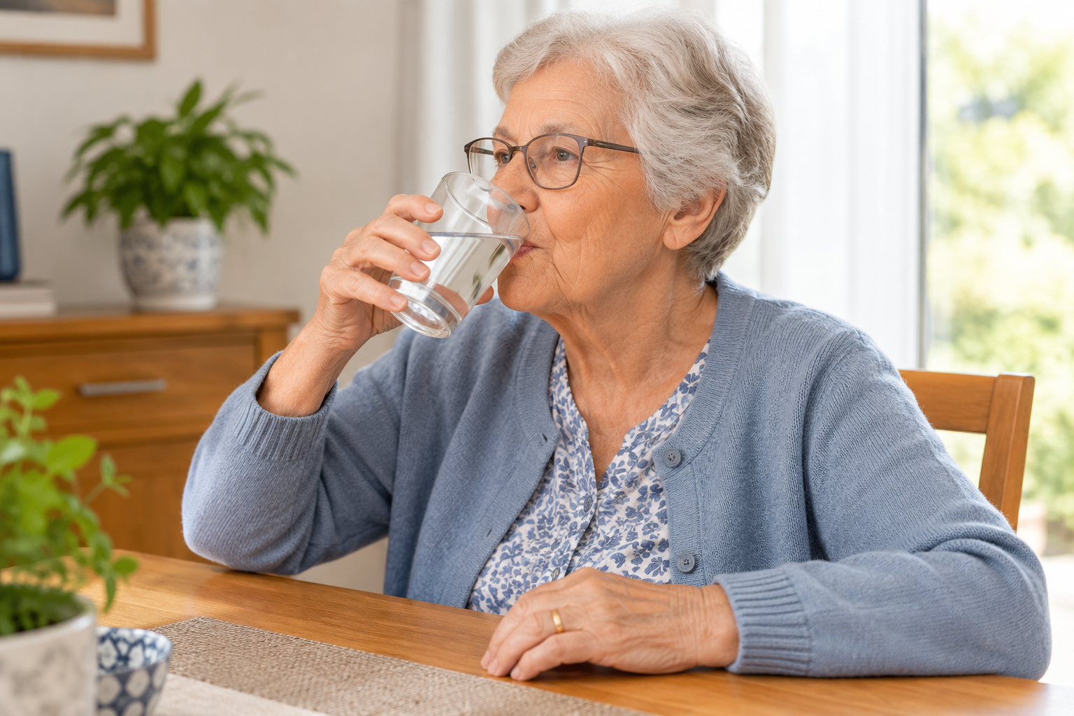 Personne âgée buvant un verre d'eau à table