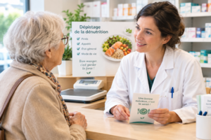 Personne âgée et pharmacienne échangeant au comptoir, balance et assiette équilibrée en arrière-plan, illustrant le dépistage de la dénutrition