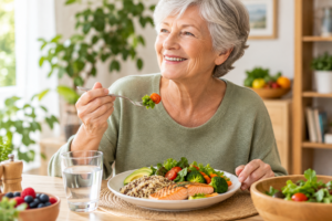 Personne âgée savourant un repas équilibré à table