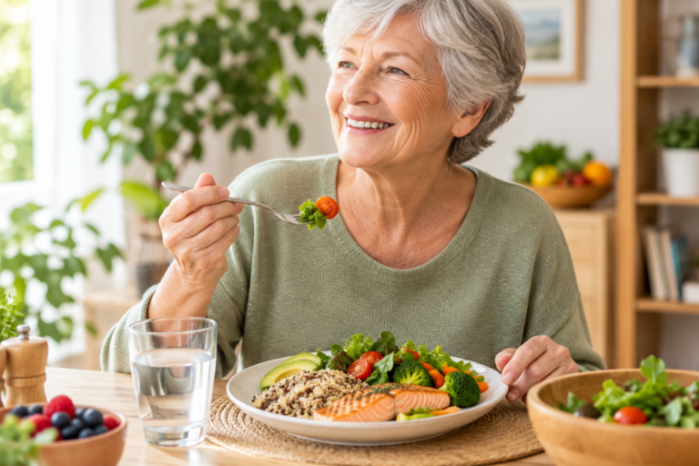 Personne âgée savourant un repas équilibré à table