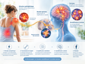 Schéma de la sensibilisation centrale dans la fibromyalgie, du stimulus périphérique à l'amplification cérébrale