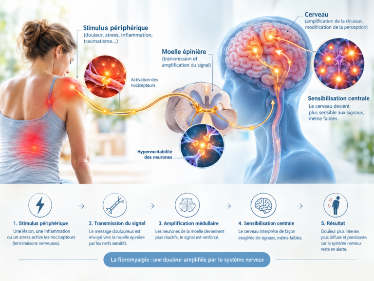 Schéma de la sensibilisation centrale dans la fibromyalgie, du stimulus périphérique à l'amplification cérébrale