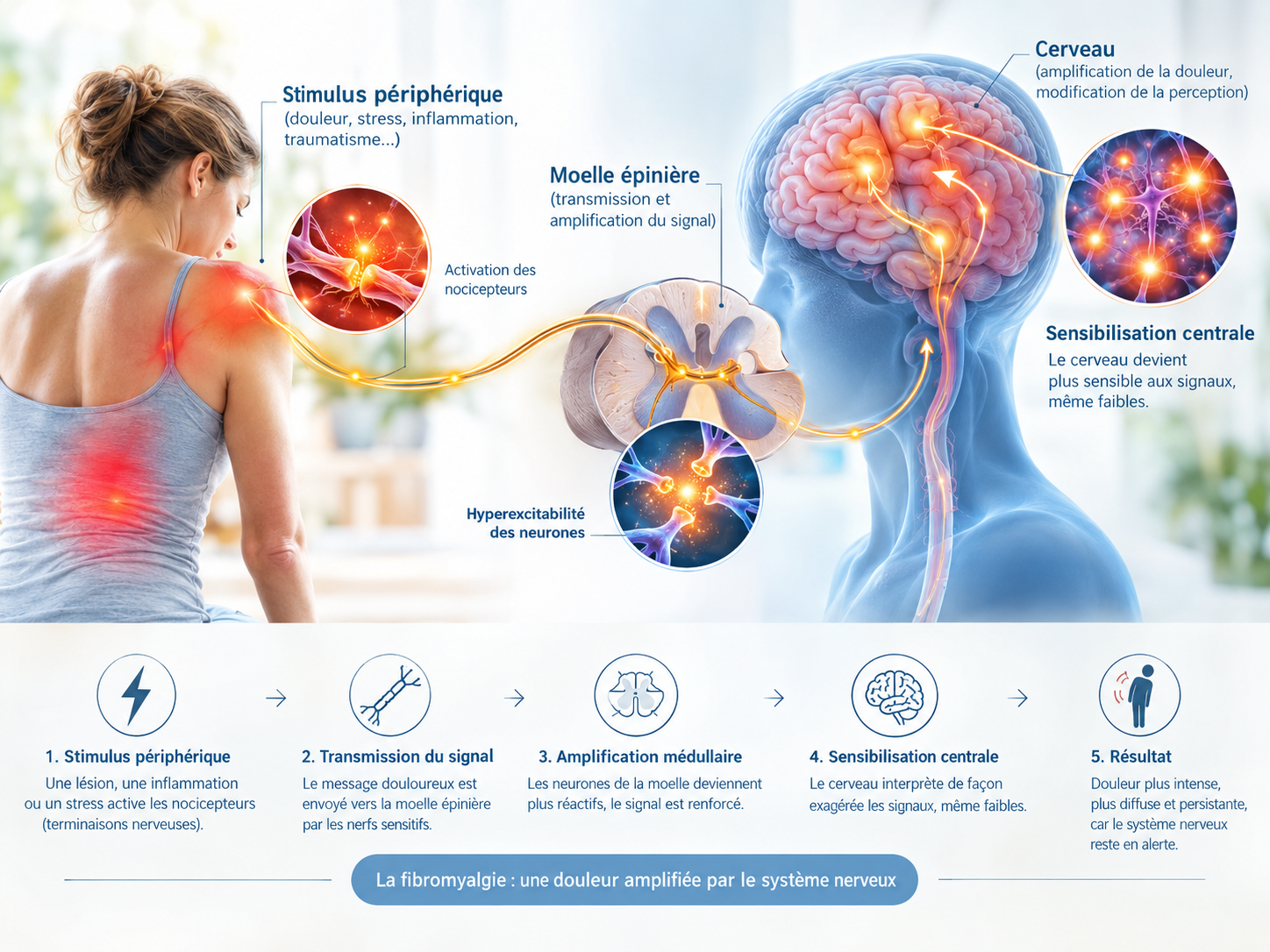 Schéma de la sensibilisation centrale dans la fibromyalgie, du stimulus périphérique à l'amplification cérébrale