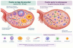 Schéma d'un ovaire après la ménopause, riche en cellules immunitaires, comparé à un ovaire en âge de procréer