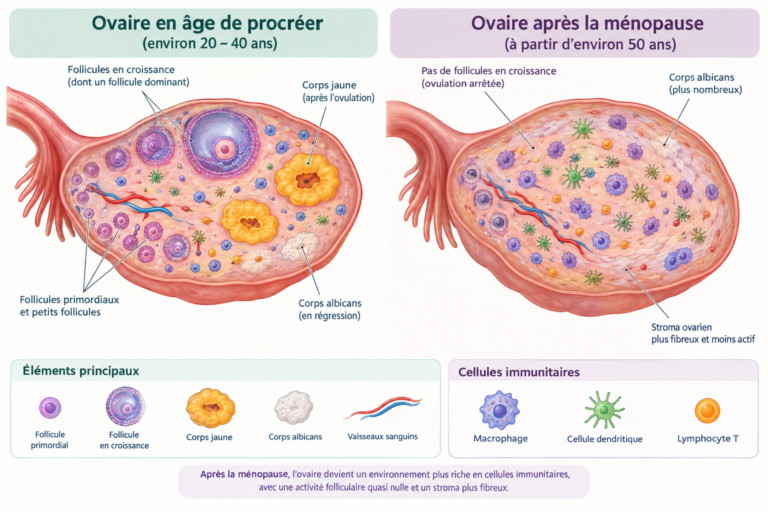 Schéma d'un ovaire après la ménopause, riche en cellules immunitaires, comparé à un ovaire en âge de procréer
