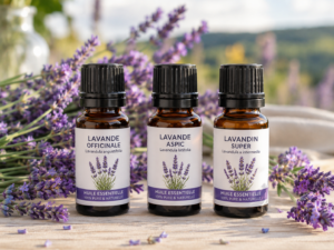 Trois flacons d'huiles essentielles de lavande officinale, aspic et lavandin posés près de branches de lavande en fleur