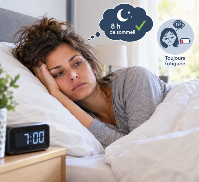 femme fatiguée au réveil malgré une nuit complète, sommeil non réparateur