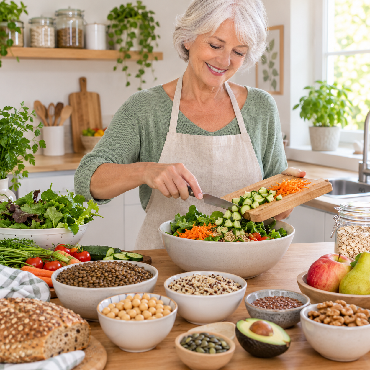 femme senior préparant un repas riche en fibres dans sa cuisine