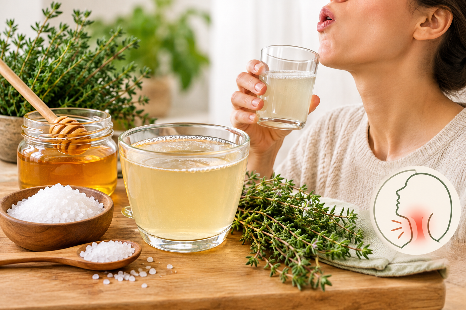 gargarisme maison eau salée miel thym contre le mal de gorge
