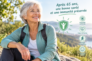Immunité après 65 ans : la renforcer simplement personne senior souriante en extérieur, bonne santé et immunité préservée après 65 ans