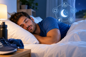 sommeil et sport : sportif endormi paisiblement, symbole de la récupération nocturne