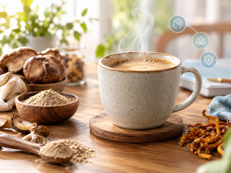 tasse de café aux champignons adaptogènes fumante sur une table en bois