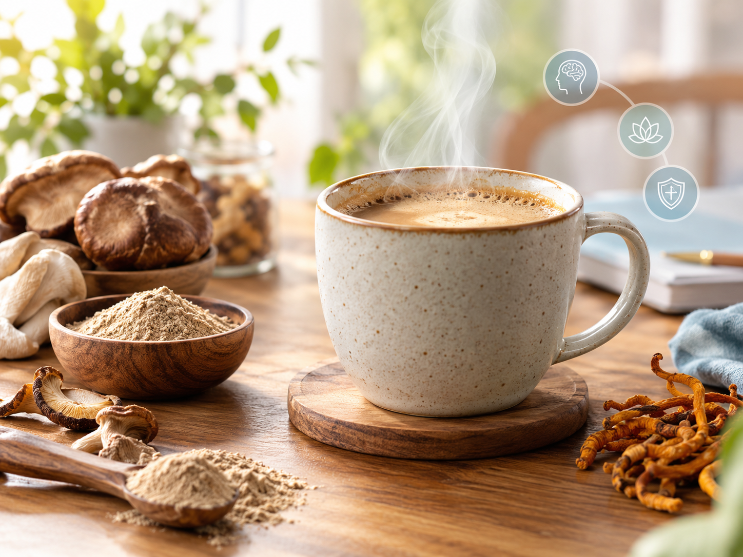 tasse de café aux champignons adaptogènes fumante sur une table en bois