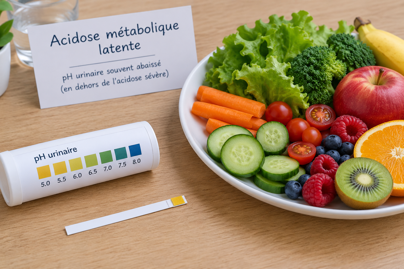 acidose métabolique latente : bandelette de pH urinaire posée à côté d'une assiette de légumes et de fruits