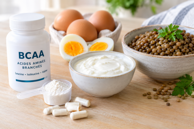 Gélules et poudre d'acides aminés branchés (BCAA) à côté d'œufs, de fromage blanc et de lentilles, sources alimentaires de leucine