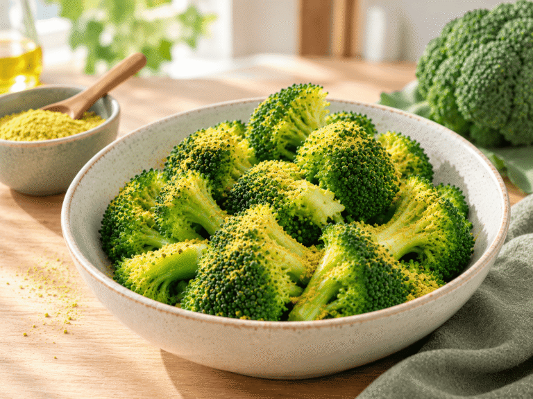 Brocoli cuit à la vapeur parsemé de graines de moutarde, cuisson douce pour garder le sulforaphane.