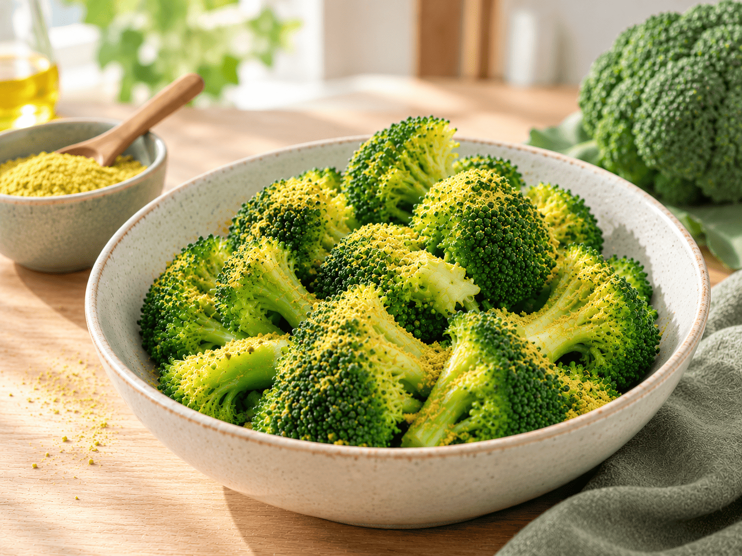 Brocoli cuit à la vapeur parsemé de graines de moutarde, cuisson douce pour garder le sulforaphane.