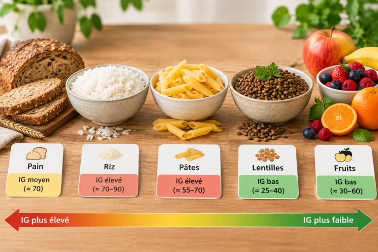 Pain, riz, pâtes, lentilles et fruits disposés sur une table pour comparer leur index glycémique