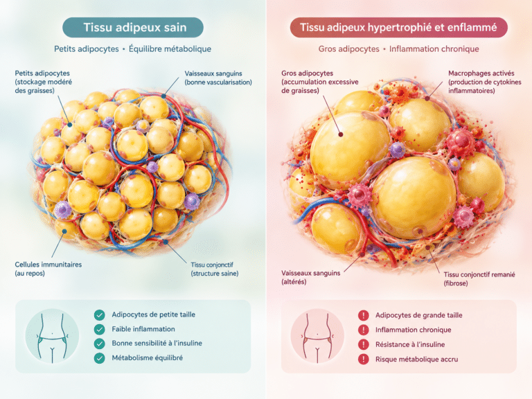 Schéma d'un tissu adipeux sain aux petits adipocytes comparé à un tissu adipeux hypertrophié et enflammé