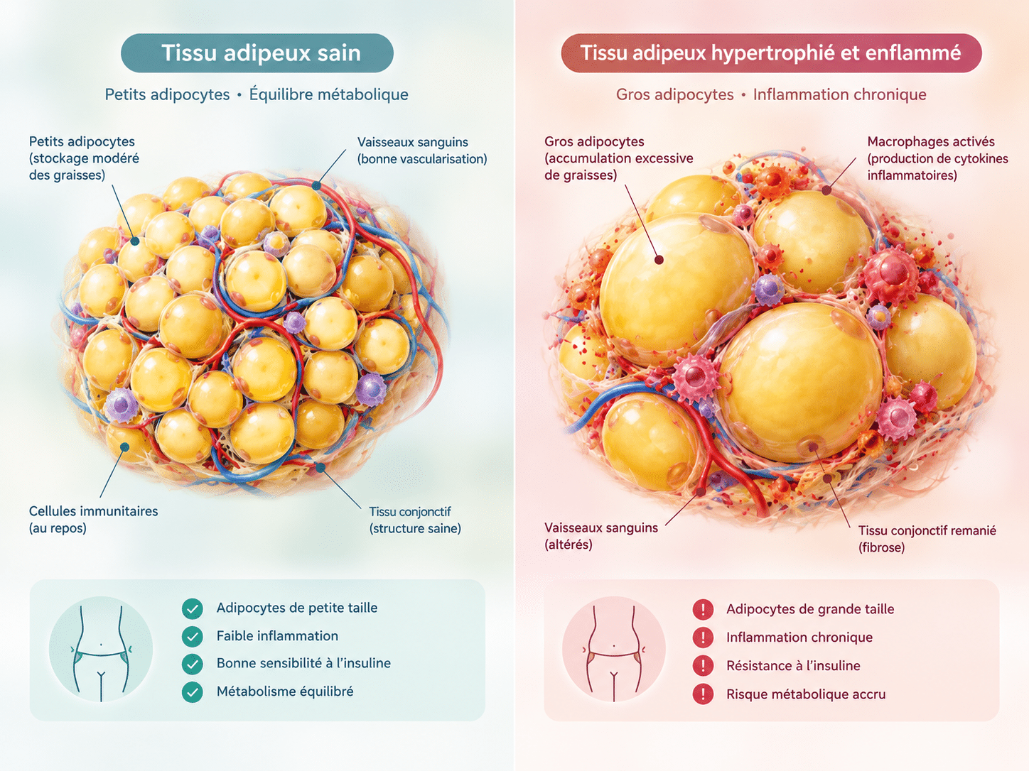 Schéma d'un tissu adipeux sain aux petits adipocytes comparé à un tissu adipeux hypertrophié et enflammé