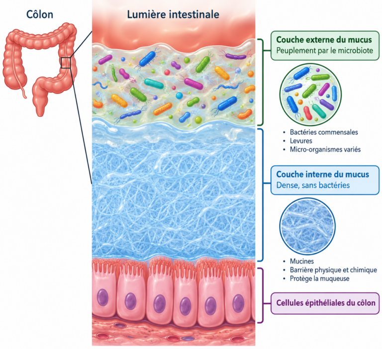Schéma du mucus intestinal du côlon avec sa couche interne dense sans bactéries et sa couche externe peuplée par le microbiote