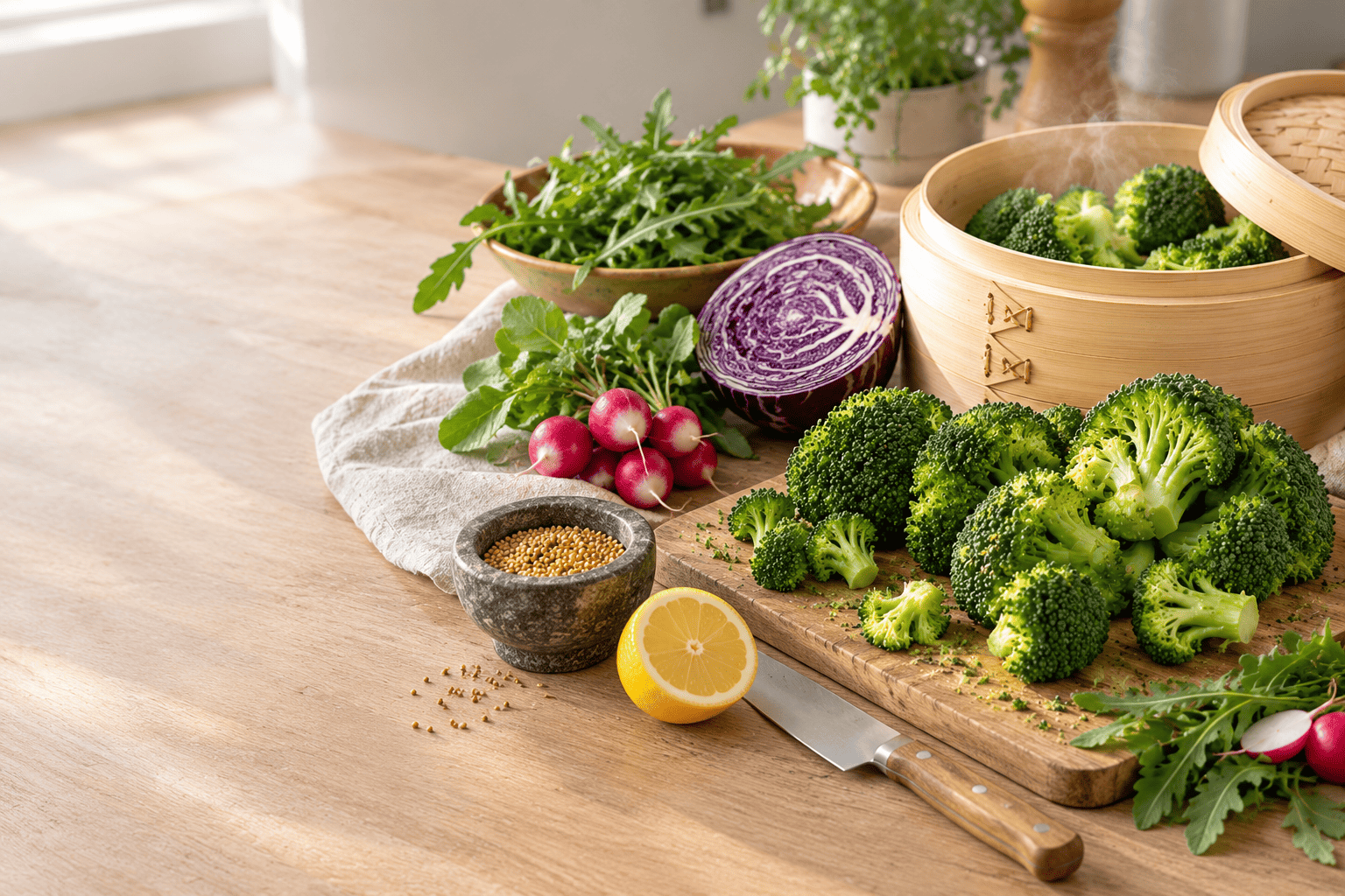 Brocoli, chou rouge, radis et graines de moutarde sur un plan de travail en bois, prêts à être cuisinés