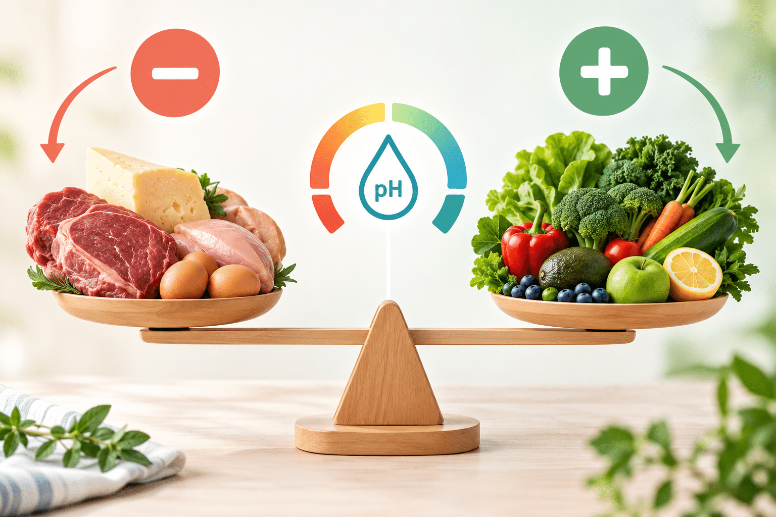 équilibre acido-basique : balance entre aliments acidifiants (viande, fromage) et alcalinisants (légumes, fruits)