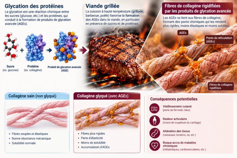 Glycation des protéines, viande grillée et fibres de collagène rigidifiées par les produits de glycation avancée