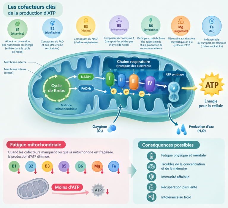 fatigue mitochondriale : schéma de la mitochondrie et des cofacteurs de la production d'ATP