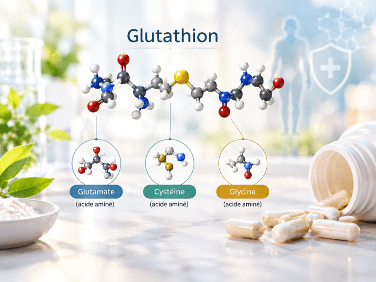 Molécule de glutathion et gélules de complément, avec les trois acides aminés glutamate, cystéine et glycine qui le composent