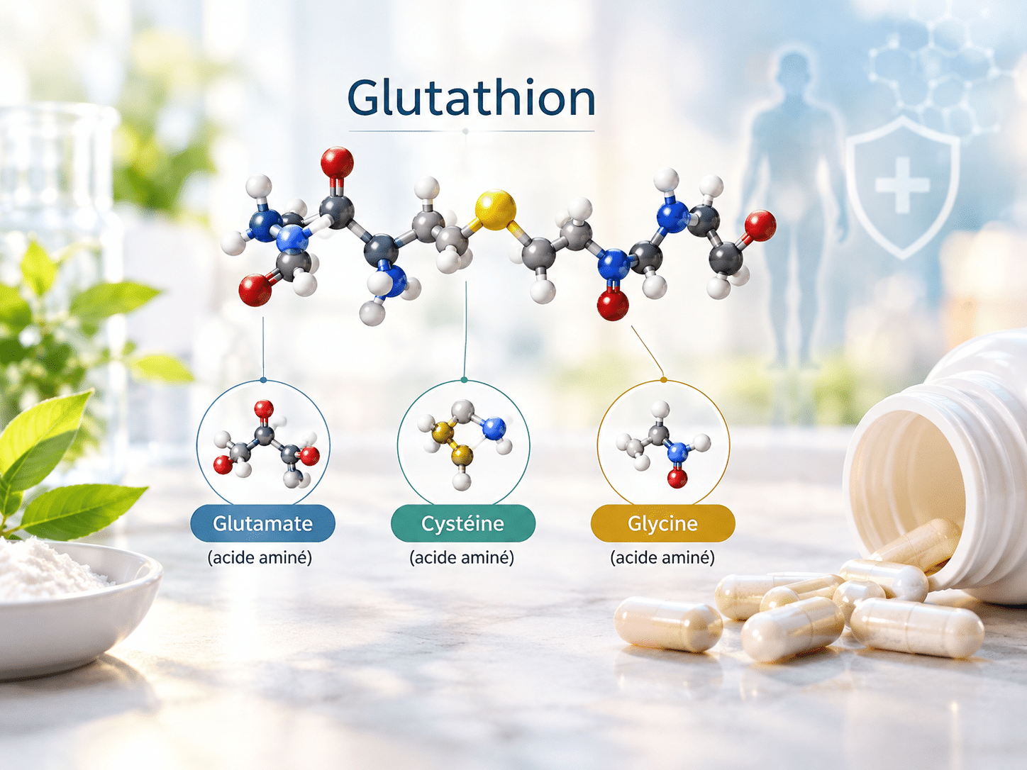 Molécule de glutathion et gélules de complément, avec les trois acides aminés glutamate, cystéine et glycine qui le composent