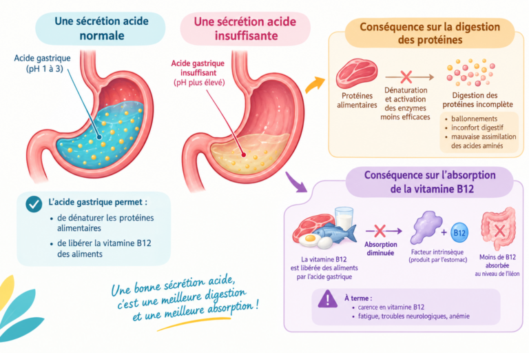 Schéma de l'estomac montrant une sécrétion acide insuffisante et ses conséquences sur la digestion des protéines et l'absorption de la vitamine B12