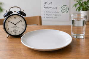 jeûne et autophagie : horloge posée sur une table à côté d'une assiette vide et d'un verre d'eau