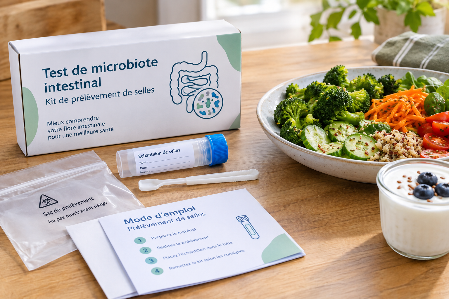 test microbiote : kit de prélèvement de selles posé à côté d'une assiette de légumes et d'un yaourt