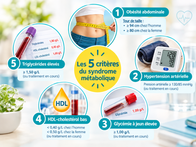Mètre ruban autour d'une taille, tensiomètre et résultats de prise de sang illustrant les 5 critères du syndrome métabolique