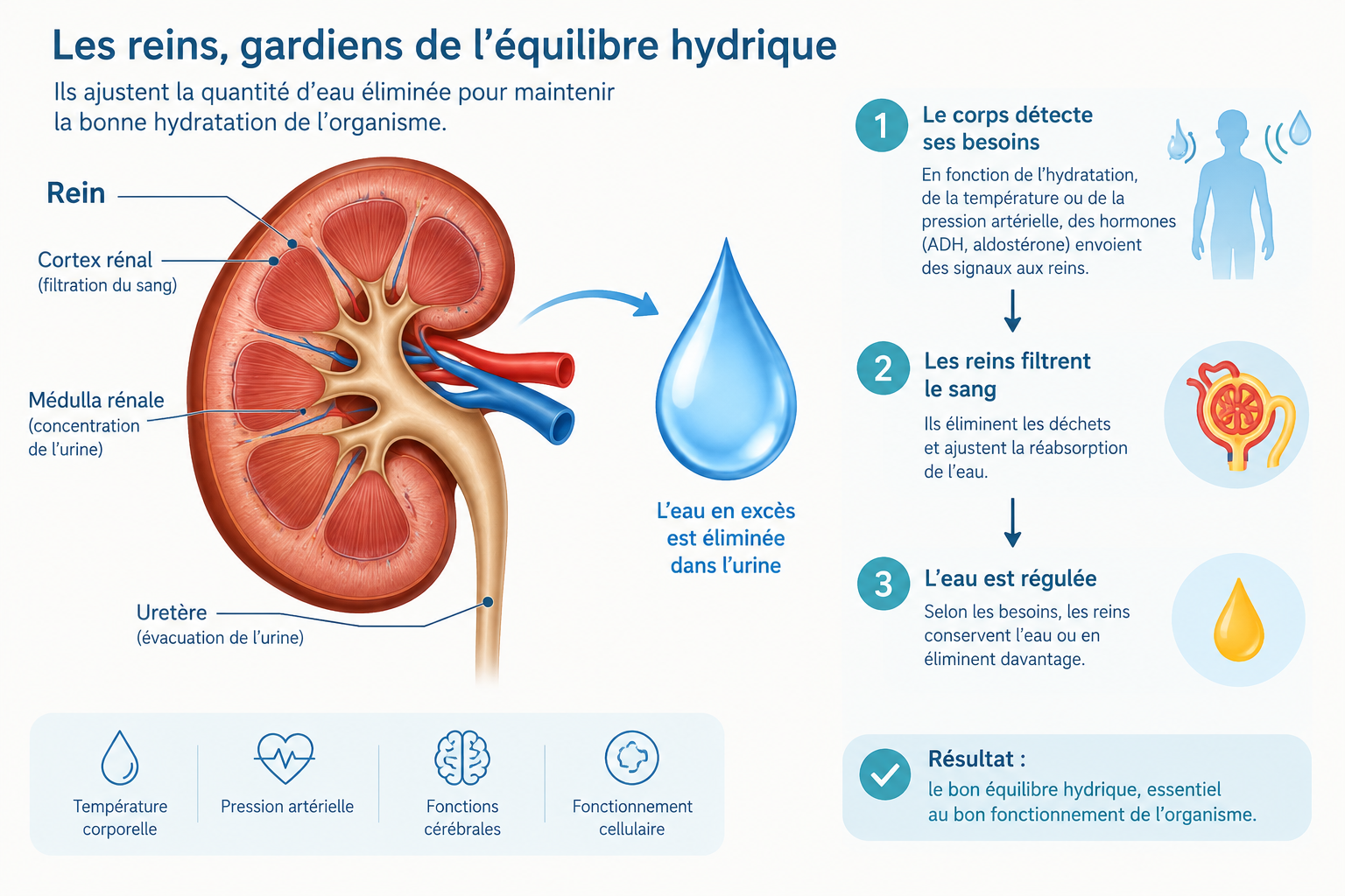Schéma d'un rein et d'une goutte d'eau illustrant la régulation hydrique de l'organisme