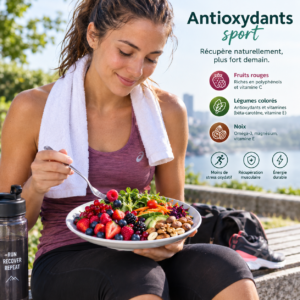 antioxydants sport : coureuse qui récupère avec une assiette de fruits rouges, légumes et noix